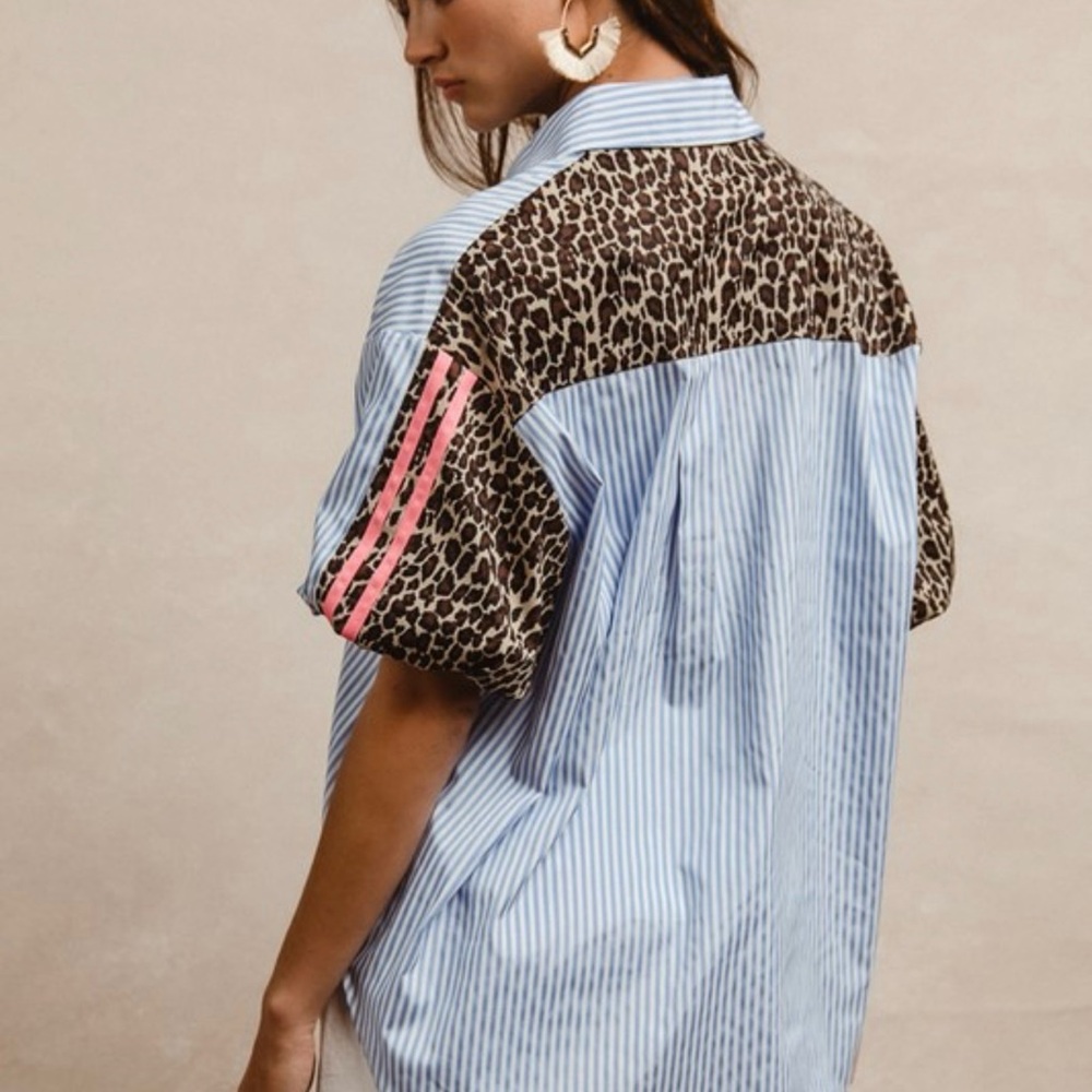Striped Leopard Print Button Down Top - image 3